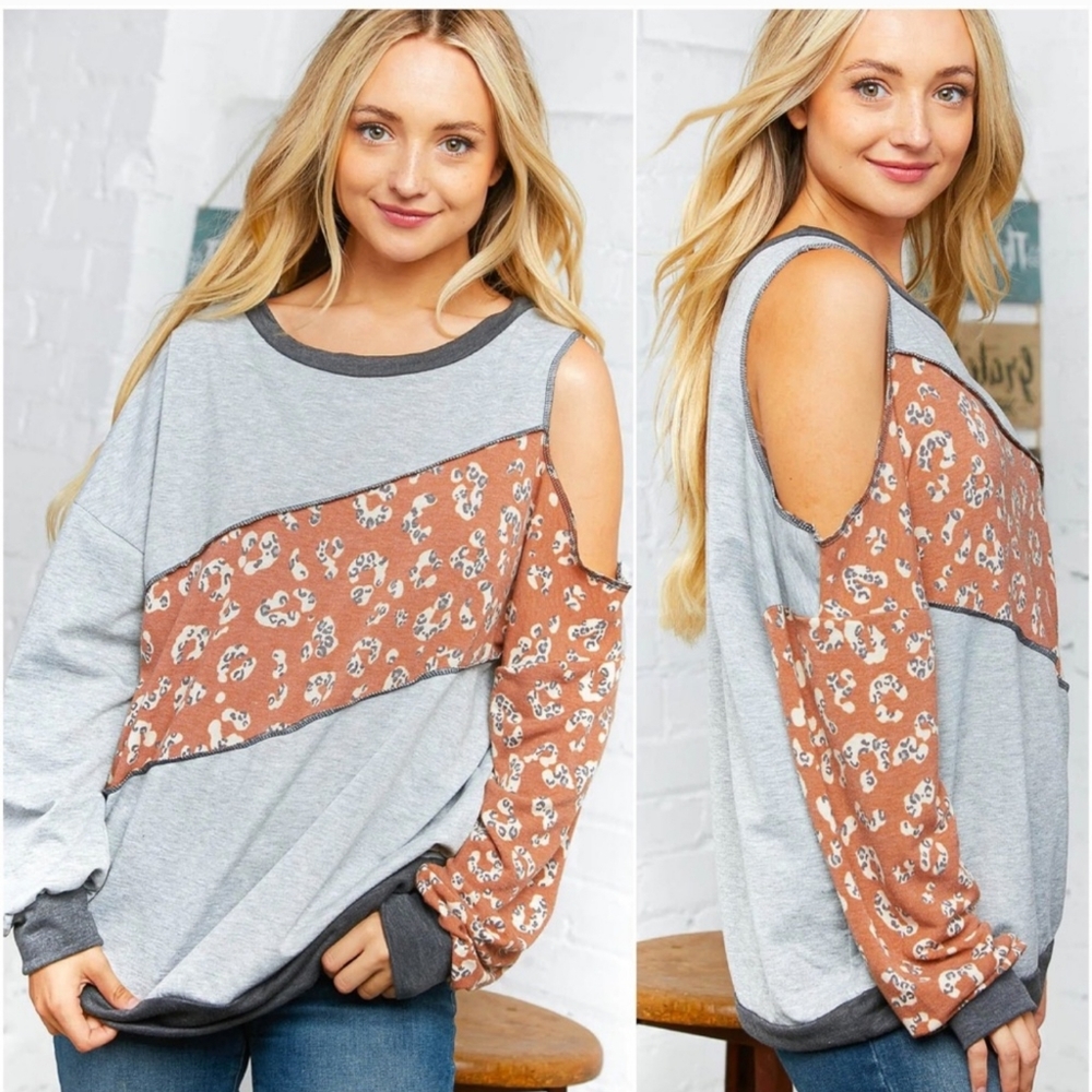 Women's Cold Shoulder Leopard long sleeve rust & grey top - L